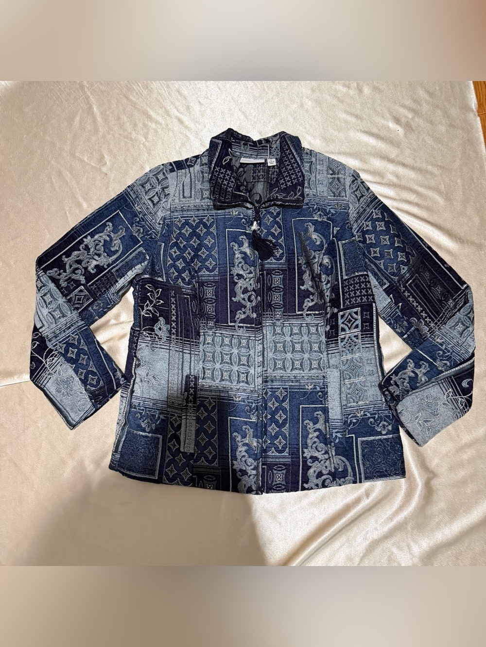Vintage Susan Graver Blue Patchwork Tapestry Zip Front Jacket Boho Size 12 NWOT